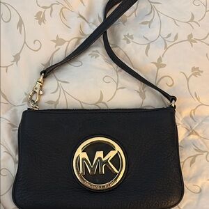 Michael Kors Black Leather Wristlet‎ Clutch | Gold Logo